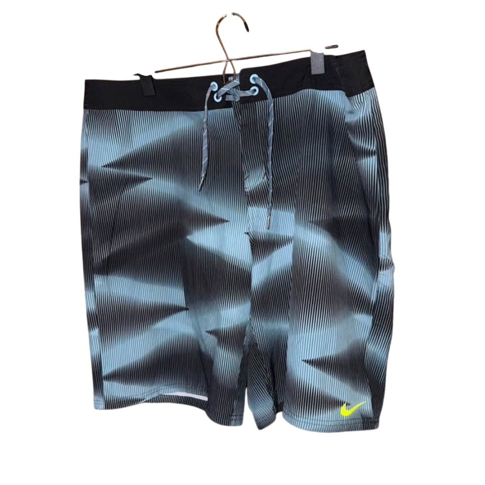Nike Board Shorts Size 38 Black Teal Geometric Print Swim Trunks Zipper Pocket